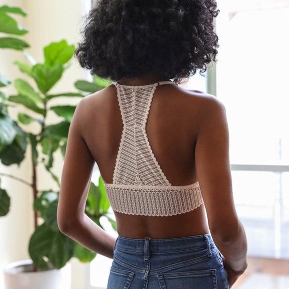 SOLD OUT Ivory Ribbed Lace Boho Racerback Triangle Bralette Womens - Picture 3 of 3